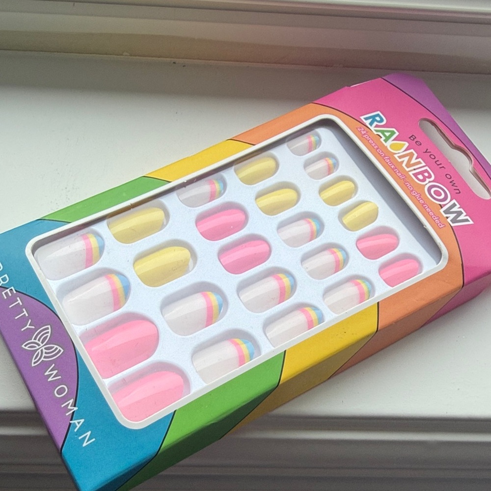 Pretty Woman Rainbow Press On Nails – Pink‎ Yellow French Tip – New